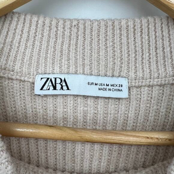 Zara Mock Neck Striped Oversized Rib-knit Sweater Women's M Cream Black - Picture 3 of 5